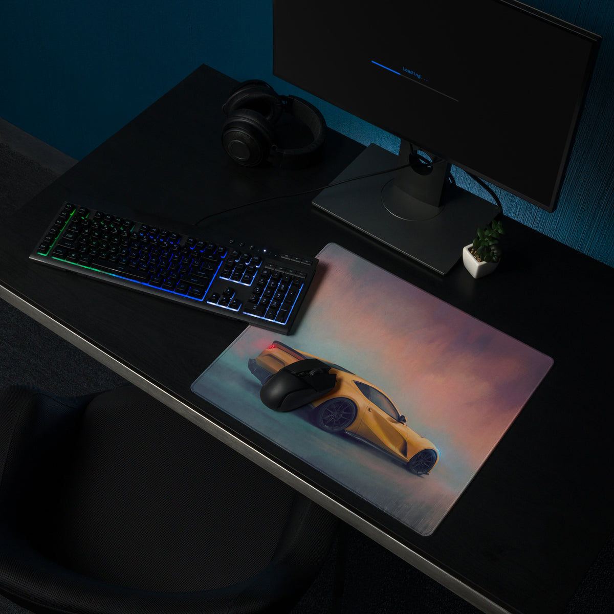 Ferrari 812 superfast inspired extended gaming mousepad with vibrant yellow sports car and purple pink gradient skies rubber base