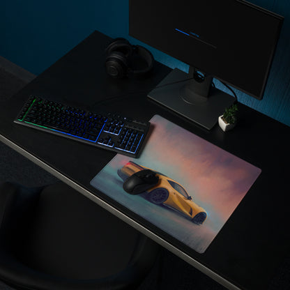 Ferrari 812 superfast inspired extended gaming mousepad with vibrant yellow sports car and purple pink gradient skies rubber base