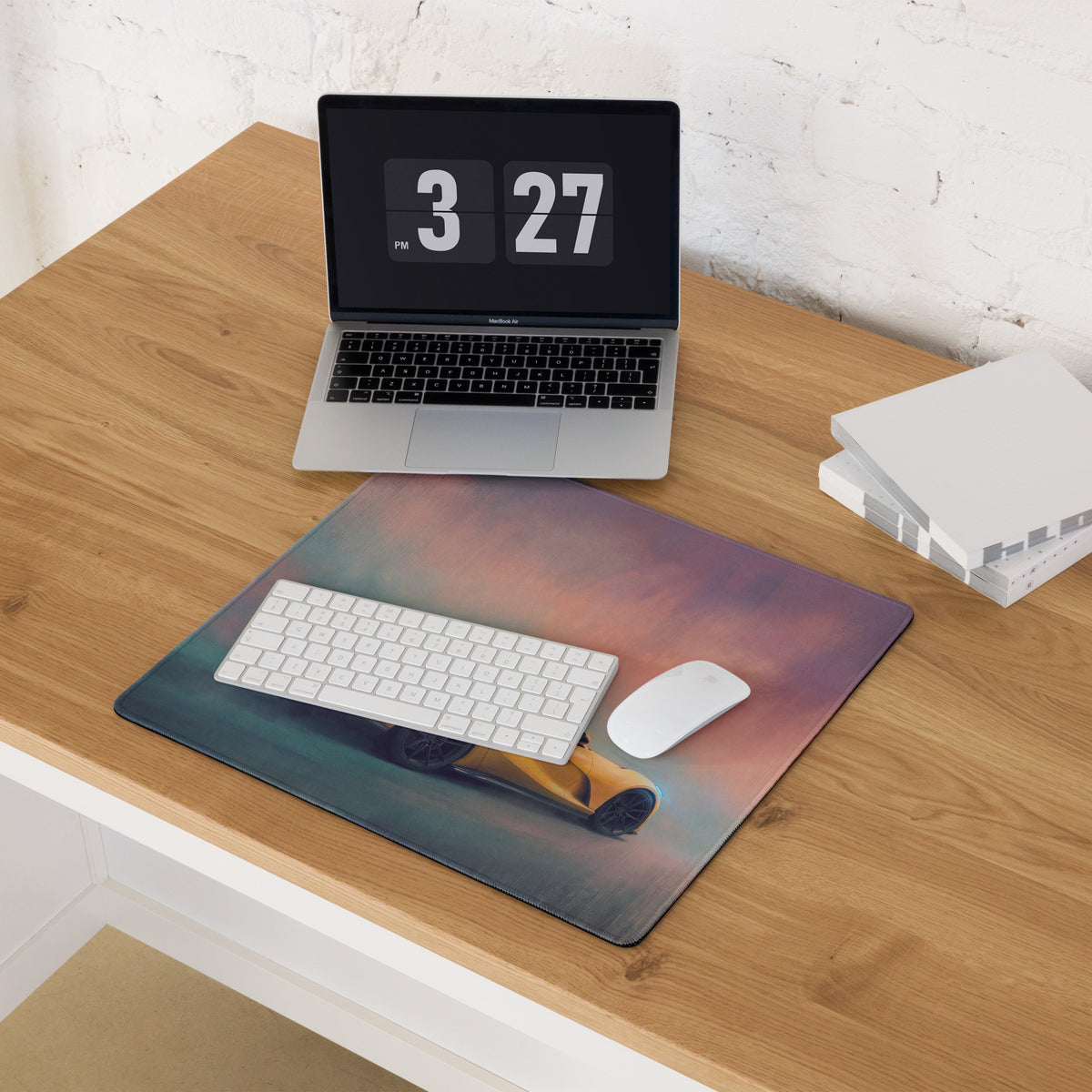 Rectangular Ferrari 812 Superfast inspired giallo sunset desk pad with vibrant sunset sky yellow car design and non-slip rubber base