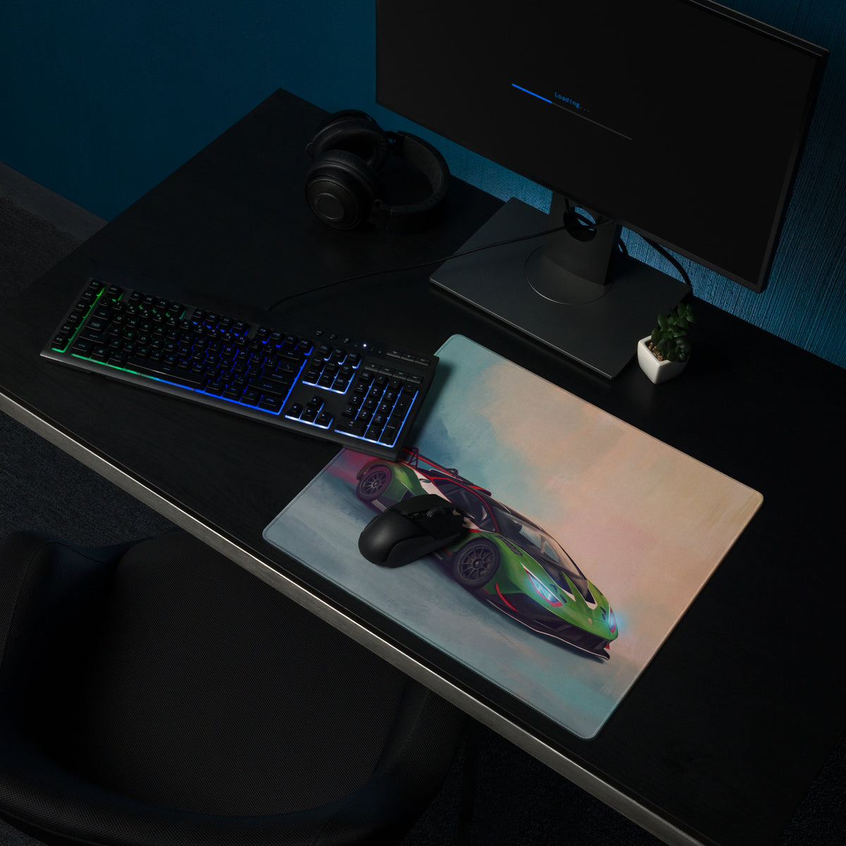 Rectangular gaming mousepad with a vibrant green and black lamborghini huracán gt3 inspired sports car design on glossy surface