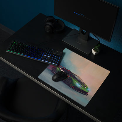 Rectangular gaming mousepad with a vibrant green and black lamborghini huracán gt3 inspired sports car design on glossy surface