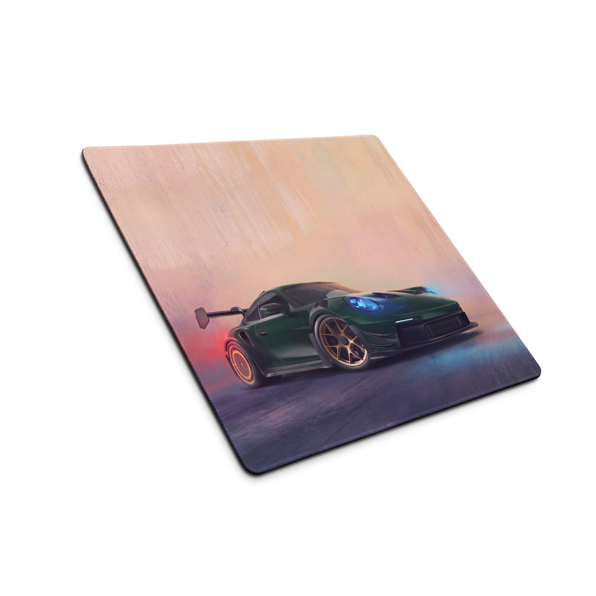 Green porsche sports car illustration on a stitched edge xl forest gold desk pad gaming mouse mat