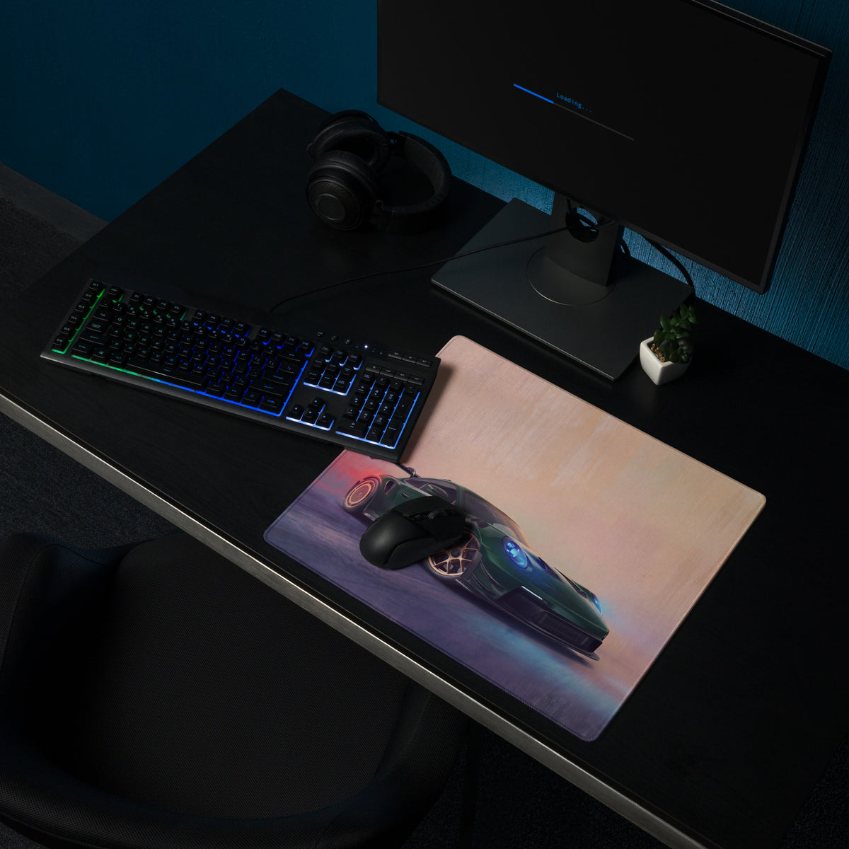 A sleek rectangular xl gaming mousepad with stitched edges featuring a vibrant green porsche 911 gt3 rs graphic