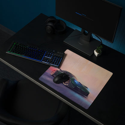 A sleek rectangular xl gaming mousepad with stitched edges featuring a vibrant green porsche 911 gt3 rs graphic