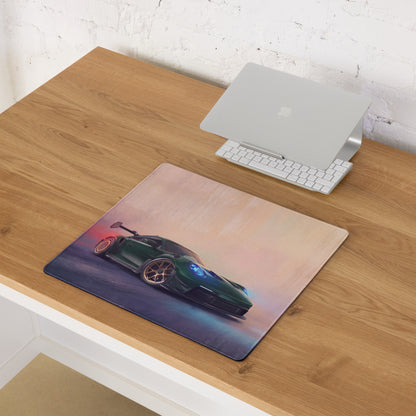 Green sports car graphic printed on rectangular stitched edge porsche 911 gt3 rs inspired forest gold desk pad