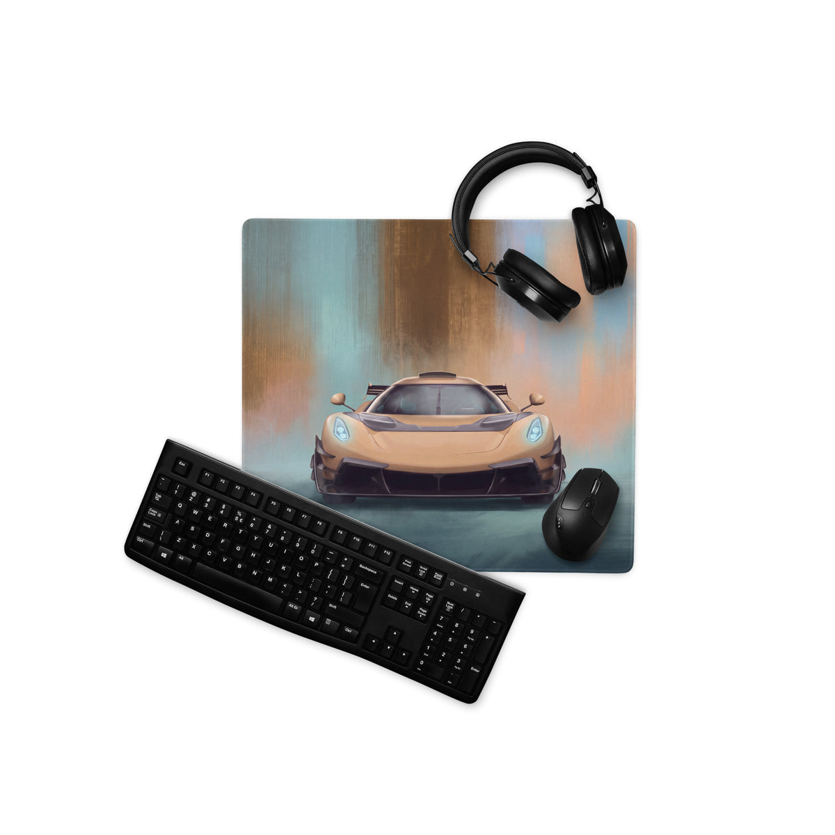 Rectangular koenigsegg jesko inspired gold frontale desk mat with tan sports car and glowing blue headlights on cloth mousepad