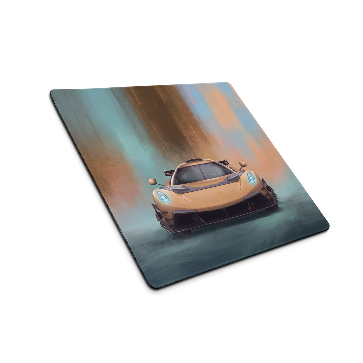 Koenigsegg jesko inspired gold frontale desk mat featuring a sleek golden sports car on a low-friction cloth mousepad