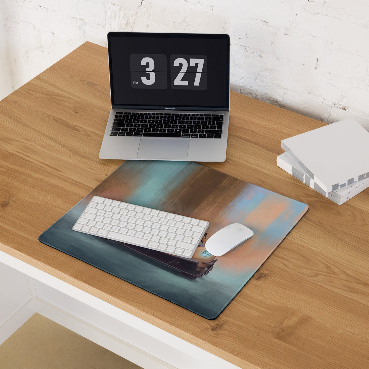 Rectangular koenigsegg jesko inspired gold frontale desk mat with teal orange brown abstract watercolor and airplane silhouette