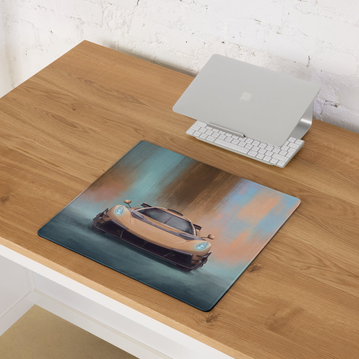 Rectangular low-friction cloth desk mat featuring a stylized tan Koenigsegg Jesko sports car with blue headlights