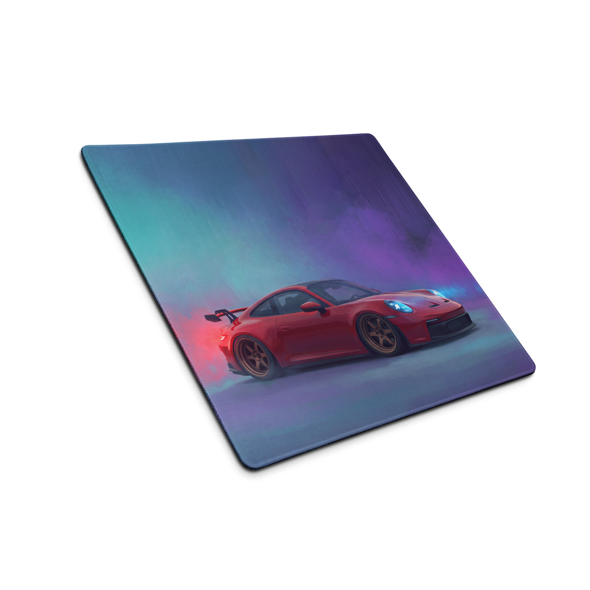 Red porsche 911 gt3 rs inspired crimson drift extended non-slip mousepad with neon gradient background
