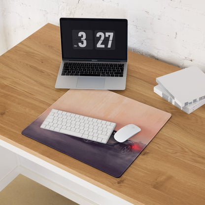 A sleek rectangular Bugatti Chiron inspired silver apex desk mat with purple to peach gradient and racing car design