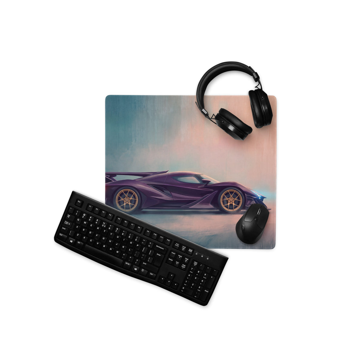 Purple sports car graphic on apollo ie inspired midnight violet desk pad ultra-glide stitched edge gaming mouse mat