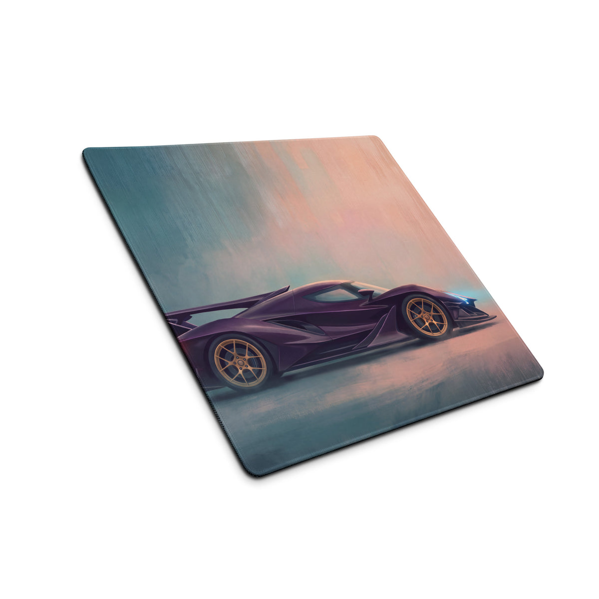 Purple sports car illustration on apollo ie inspired midnight violet desk pad with gold rimmed wheels and gradient sky background