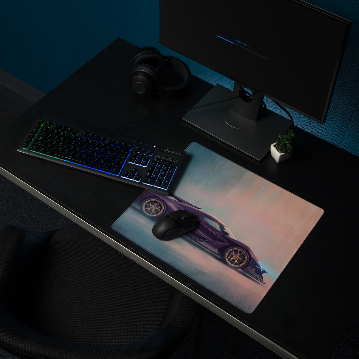 Apollo ie inspired midnight violet desk pad with purple sports car graphic ultra-glide stitched edge mouse mat