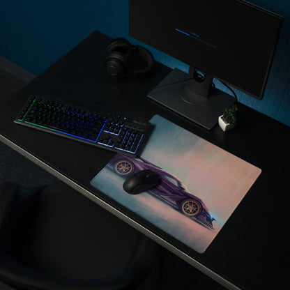 Apollo ie inspired midnight violet desk pad with purple sports car graphic ultra-glide stitched edge mouse mat