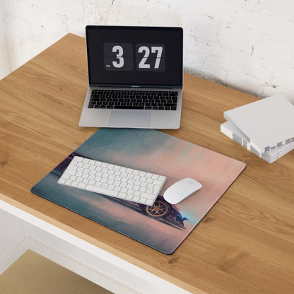Apollo IE inspired midnight violet desk pad with vibrant gradient sky and sleek black sports car design gamer mouse mat