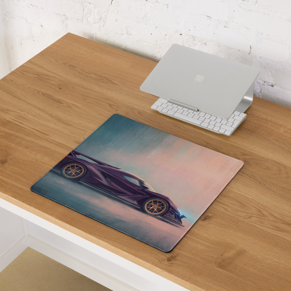 Rectangular ultra-glide stitched edge mousepad featuring a vibrant purple Apollo IE sports car with gold rims design