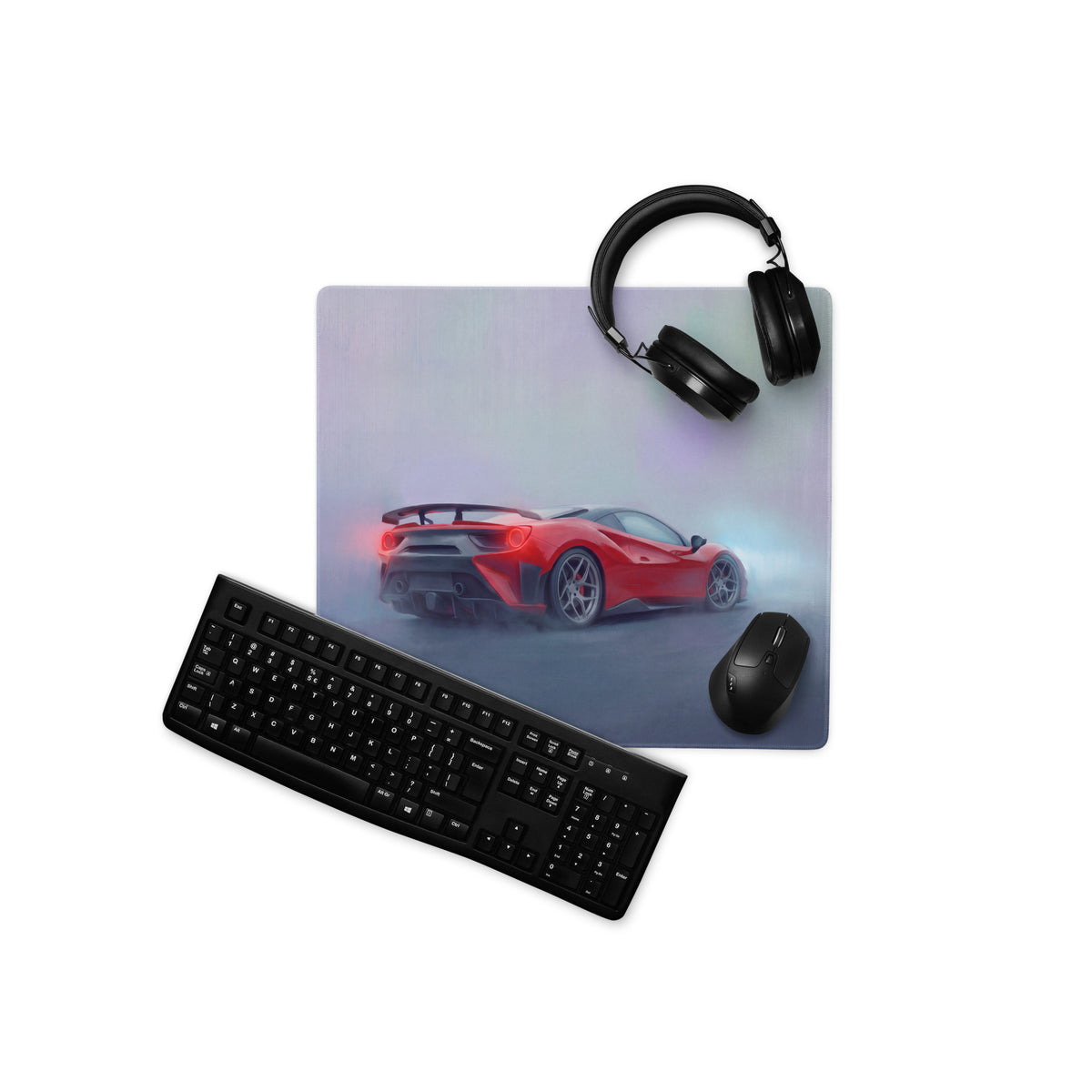 Red sports car graphic on a low-friction cloth ferrari 488 pista inspired rosso mist rectangular mousepad