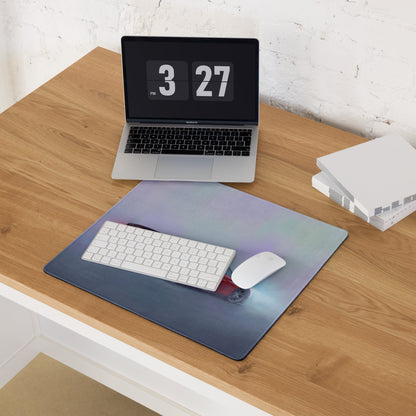 Ferrari 488 pista inspired rosso mist desk mat with iridescent gradient, subtle racing car graphic, and smooth cloth surface