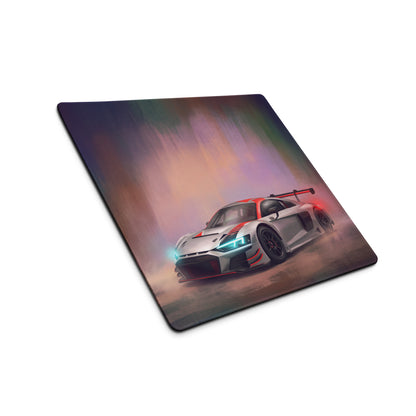 A sleek rectangular audi r8 lms inspired extended non slip gaming mousepad with vibrant white and red race car design