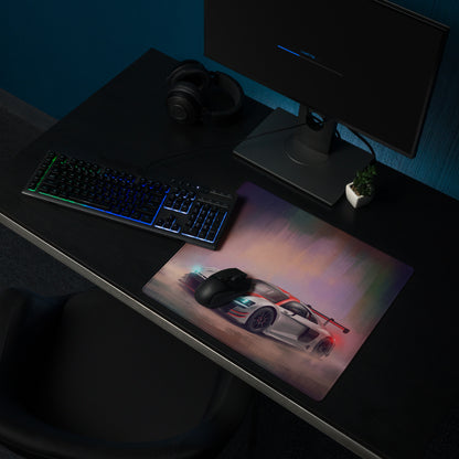 Audi R8 LMS inspired performance edition extended gaming mousepad with vibrant white and red race car graphic and non-slip base