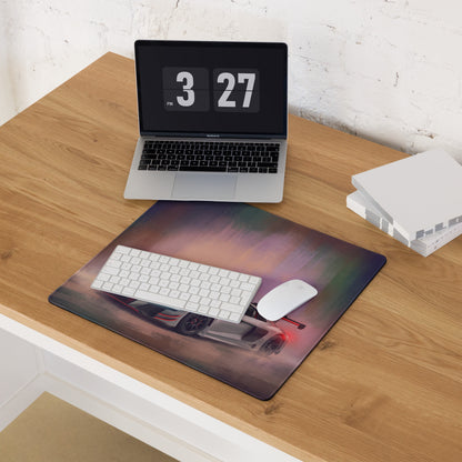 Audi r8 lms inspired performance edition extended non-slip desk pad with a glossy white sports car graphic on misty terrain