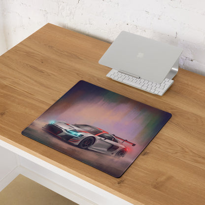 Audi r8 lms inspired performance edition gaming mousepad with vibrant white and red race car on a rainbow smoky background