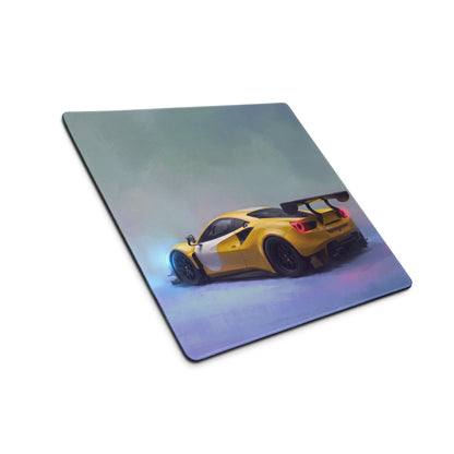 Yellow Ferrari 488 GT3 inspired Modena circuit desk pad with sleek sports car design red taillights black wheels gaming mouse mat