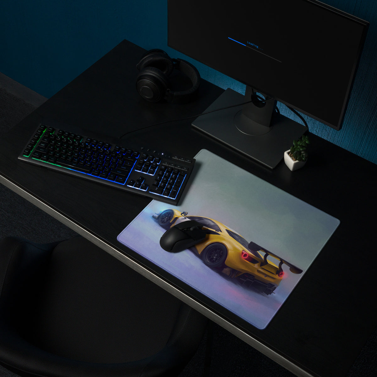 Yellow sports car graphic ferrari 488 gt3 inspired modena circuit desk pad with black gaming mouse on top