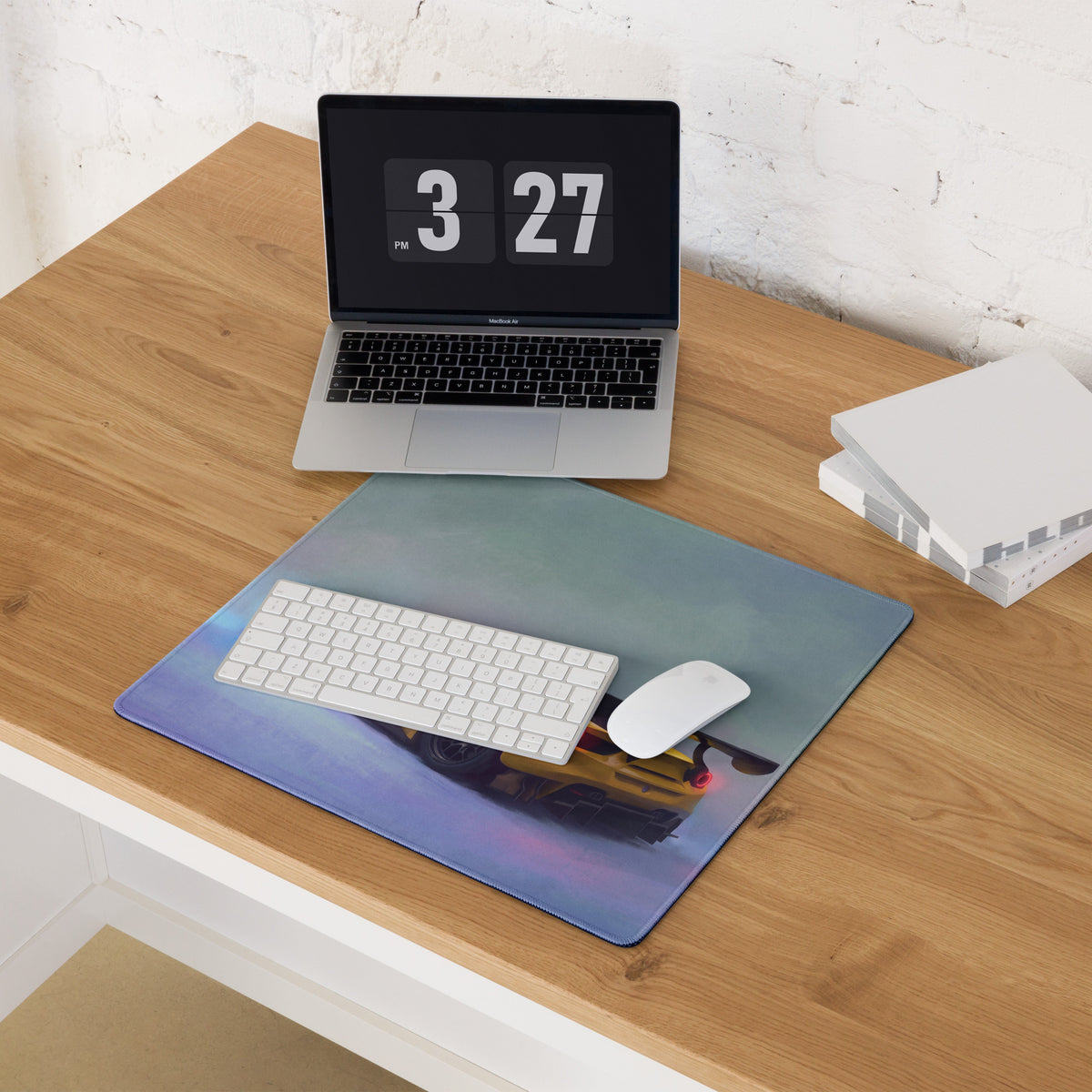 Blue rectangular ultra-glide stitched edge gaming mousepad featuring airplane takeoff image on ferrari 488 gt3 inspired desk pad