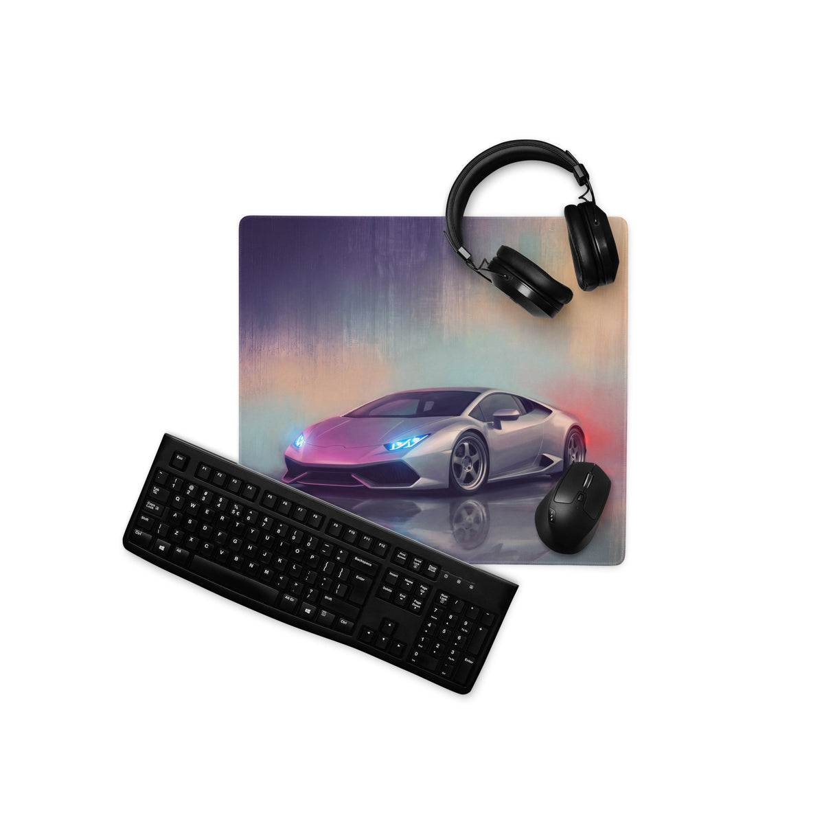 Silver lamborghini huracán inspired argento reflection desk mat printed with sports car graphic on ultra-glide cloth