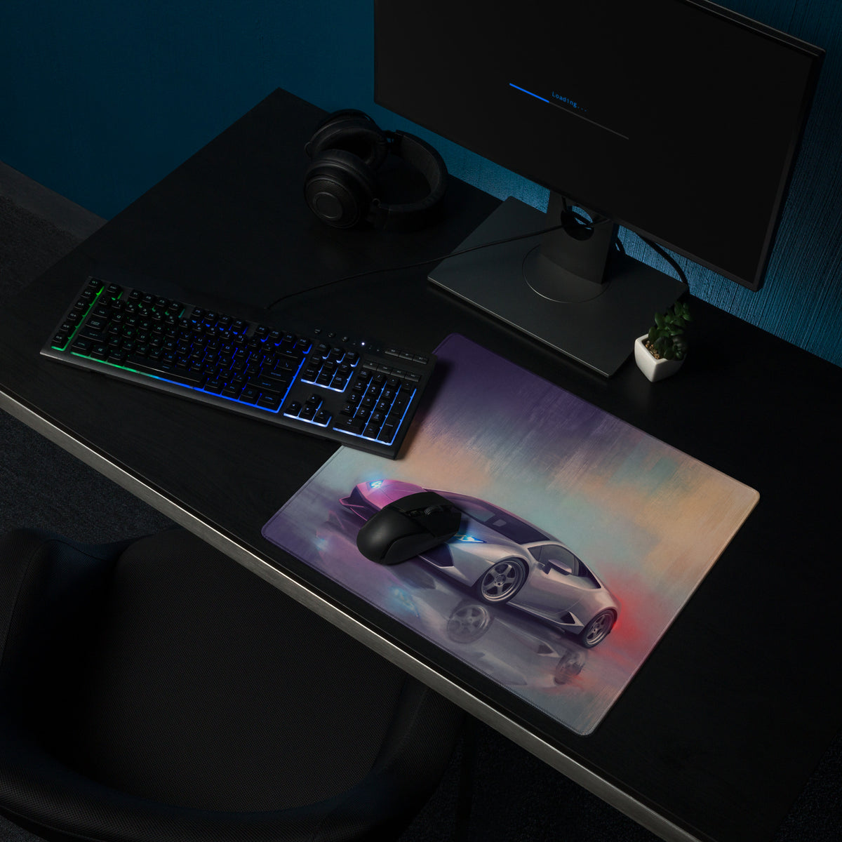 A sleek rectangular ultra-glide cloth gaming mousepad with a vibrant silver lamborghini huracán graphic and blue red accents