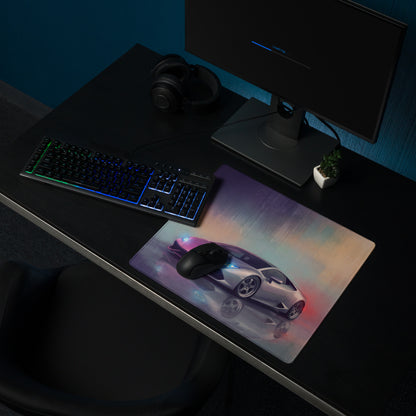 A sleek rectangular ultra-glide cloth gaming mousepad with a vibrant silver lamborghini huracán graphic and blue red accents