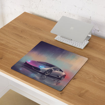 A rectangular ultra-glide cloth desk mat featuring a vibrant silver lamborghini huracán with glowing blue headlights and red accents