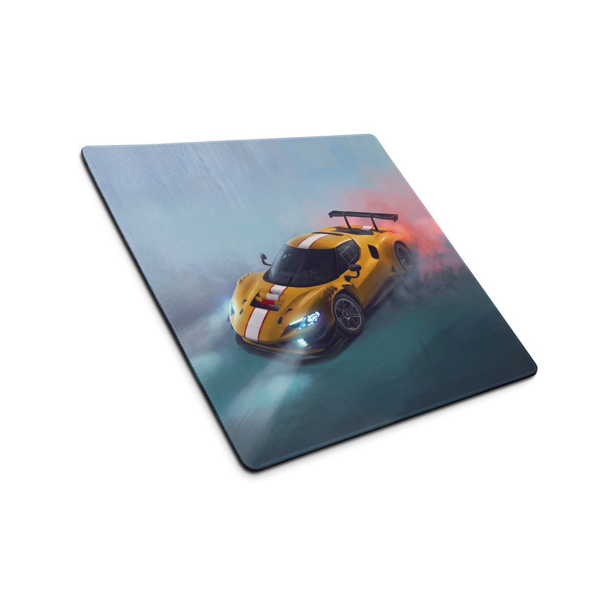 Ferrari 296 gt3 inspired giallo apex desk mat with yellow racing car white stripes black spoiler on low-friction cloth mousepad