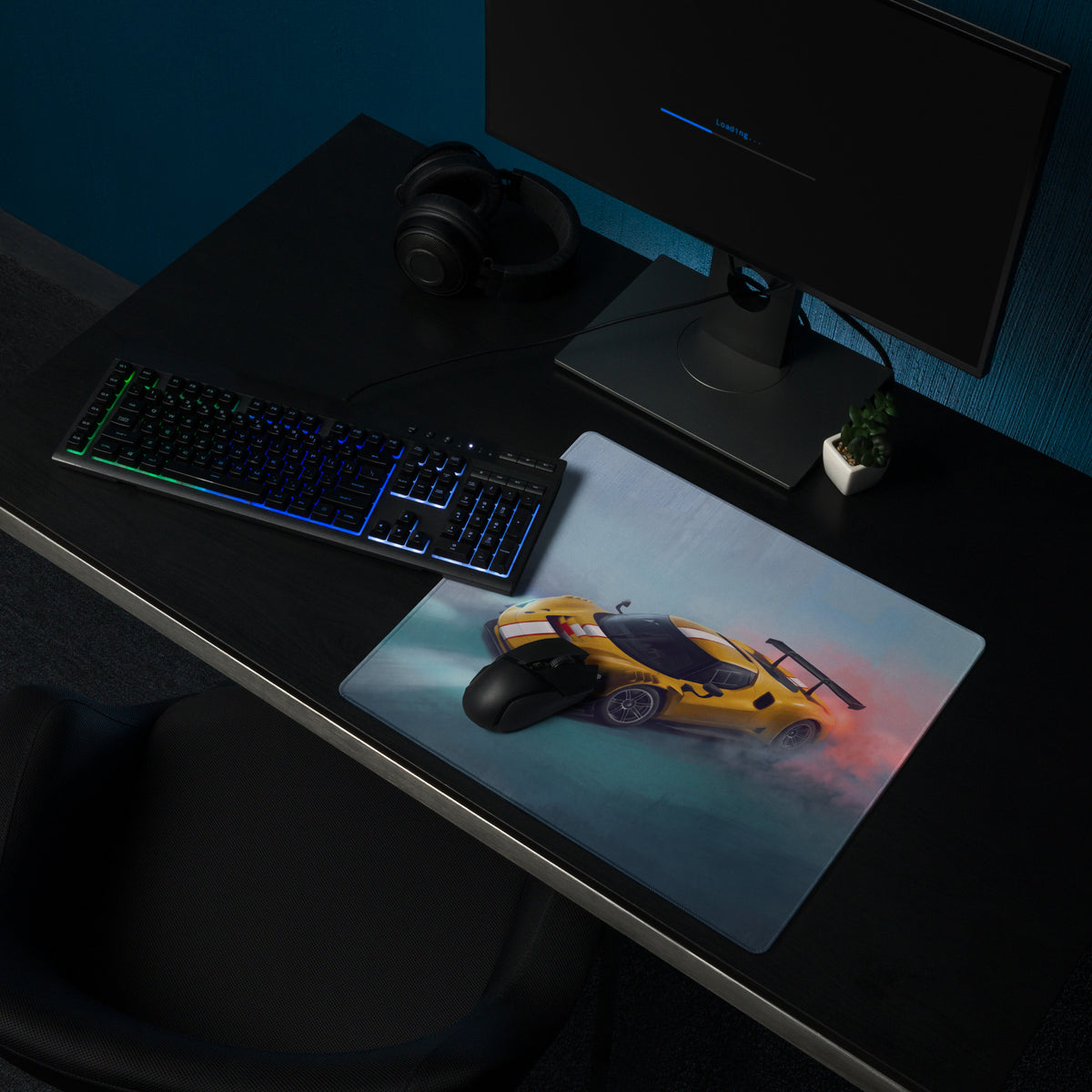 Ferrari 296 GT3 inspired giallo apex desk mat featuring a yellow sports car graphic on a glossy low-friction cloth mousepad
