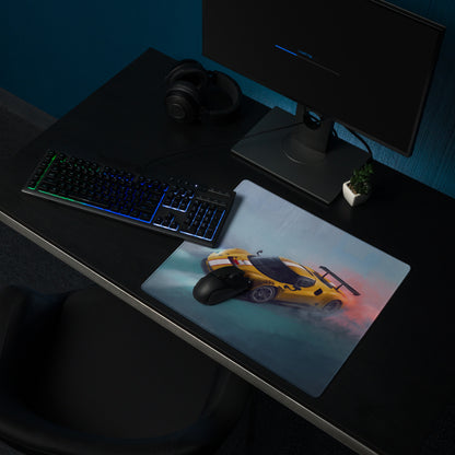 Ferrari 296 GT3 inspired giallo apex desk mat featuring a yellow sports car graphic on a glossy low-friction cloth mousepad