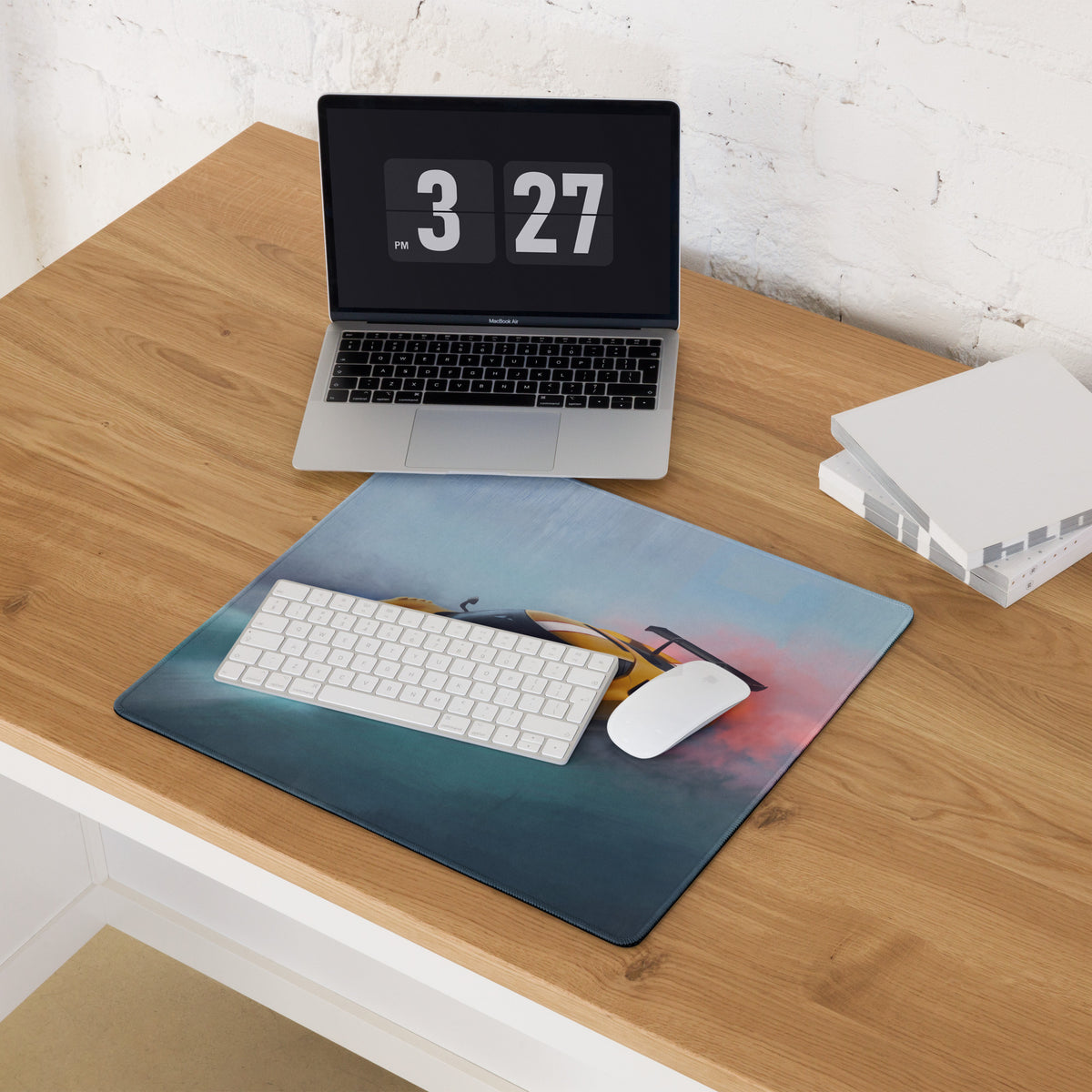 Rectangular low-friction cloth mousepad featuring a vibrant yellow ferrari 296 gt3 inspired race car graphic on gradient sky background