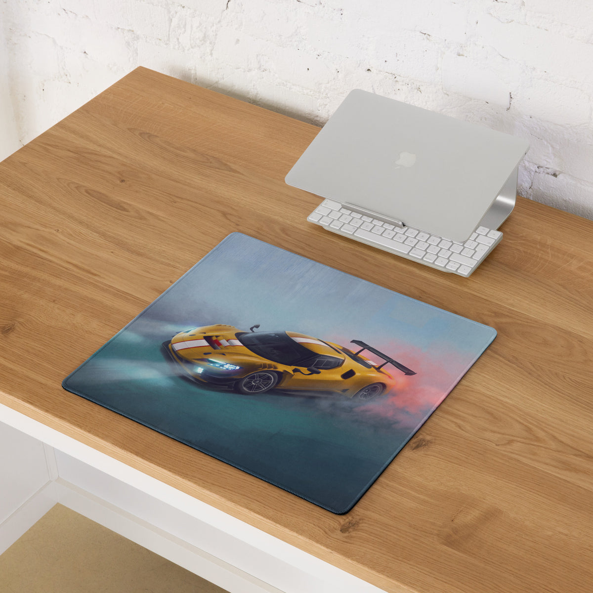 Yellow racing car graphic on a sleek glossy ferrari 296 gt3 inspired giallo apex low-friction cloth desk mat mousepad
