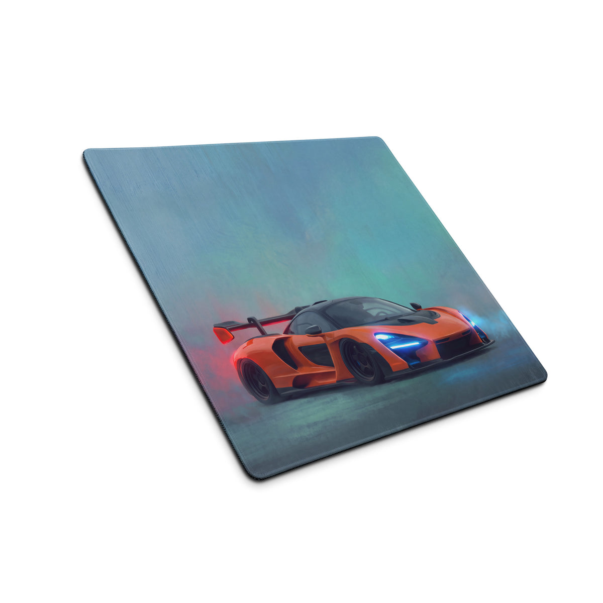 McLaren Senna inspired papaya orange desk pad with orange McLaren sports car graphic and ultra-glide stitched edge design