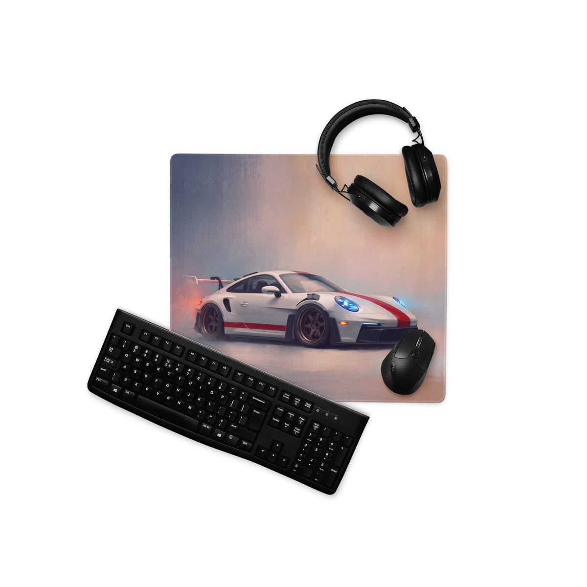 White and red porsche 911 gt3 rs inspired heritage red stripe extended non slip desk pad with keyboard and headset