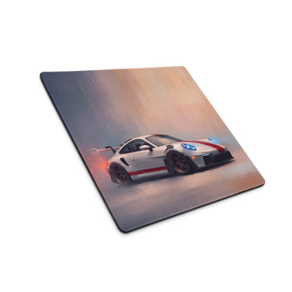 White and red porsche 911 gt3 rs inspired heritage red stripe non slip extended mousepad with racing car graphic