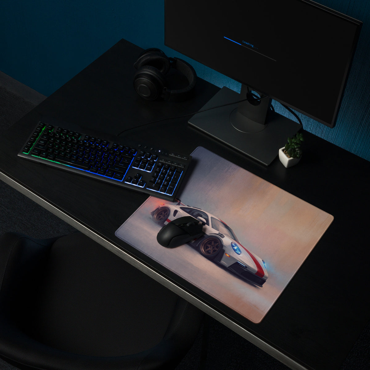 A sleek rectangular non-slip pc mousepad featuring a white and red porsche 911 gt3 rs graphic with blue accents