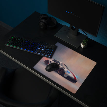 A sleek rectangular non-slip pc mousepad featuring a white and red porsche 911 gt3 rs graphic with blue accents