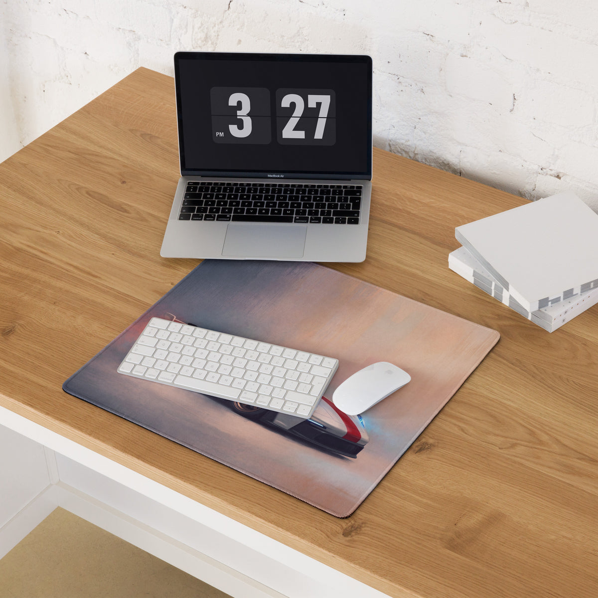 Rectangular non-slip porsche 911 gt3 rs inspired heritage red stripe desk pad with airplane takeoff print and soft texture
