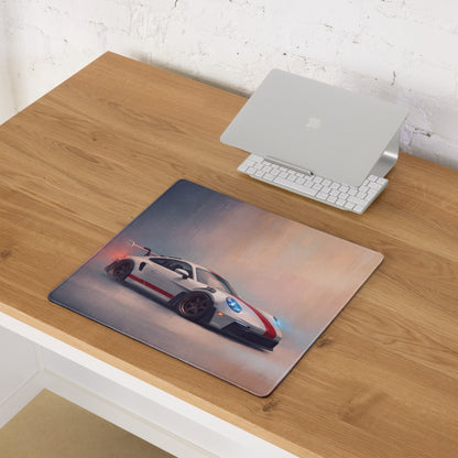 Rectangular gaming mousepad with a detailed white porsche 911 gt3 rs racing car graphic and red black accents on smooth surface