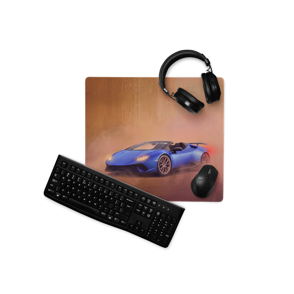 Blue lamborghini huracán convertible graphic printed on cobalt sunset xl gaming desk mat mousepad
