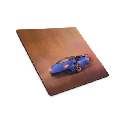 Blue lamborghini huracán convertible graphic printed on a cobalt sunset desk mat xl gaming mousepad with rounded corners