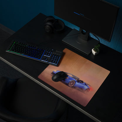 Blue sports car graphic gaming mousepad with black wireless mouse on top inspired by Lamborghini Huracán Spyder design