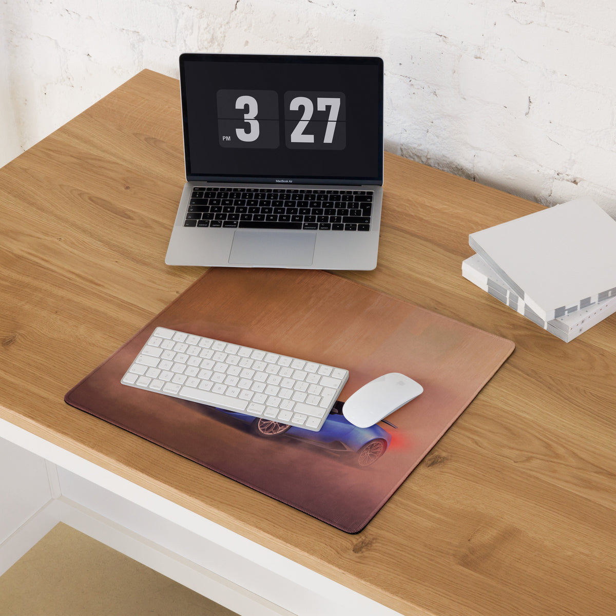 Brown leather like xl gaming mousepad featuring a blue sports car with red taillights inspired by lamborghini huracán spyder